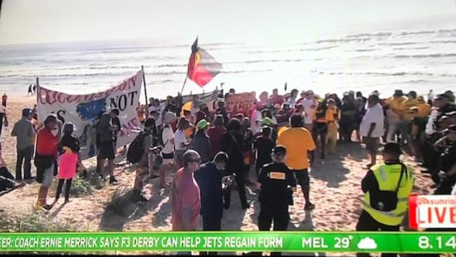 Protesters descend upon the set of Sunrise on the Gold Coast.