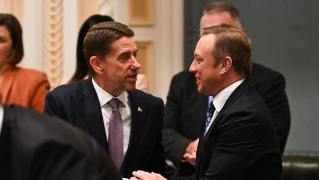 Queensland Premier Steven Miles (right) congratulates Queensland Treasurer Cameron Dick after he delivered the 2024-25 State Budget at Parliament House in Brisbane this month. Picture: Dan Peled