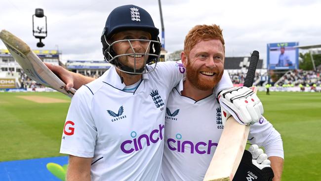 Happier (non-Ashes) times … Joe Root and Jonny Bairstow celebrate England’s win over India in last year’s Edgbaston Test. Picture: Getty Images