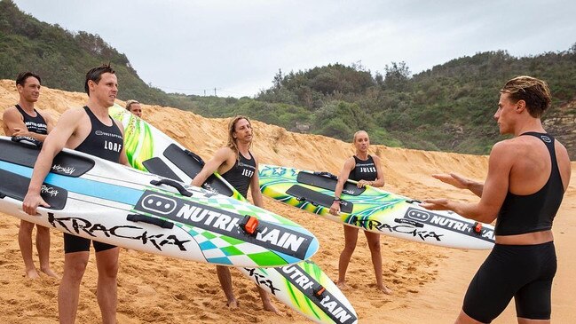 Courtney Hancock, Matt Bevilacqua and Ali Day were tasked with training Bondi lifeguards Joel Bevilacqua, Jethro James and Juliana King for the annual Bondi Lifeguard Challenge. Pic: Supplied