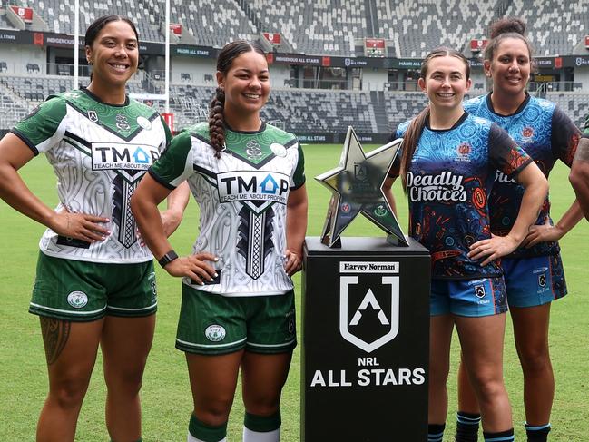 Women's Maori All Stars captains Shannon Mato and Kennedy Cherrington with Women's Indigenous All Stars captains Quincy Dodd and Tallisha Harden. Picture: Getty