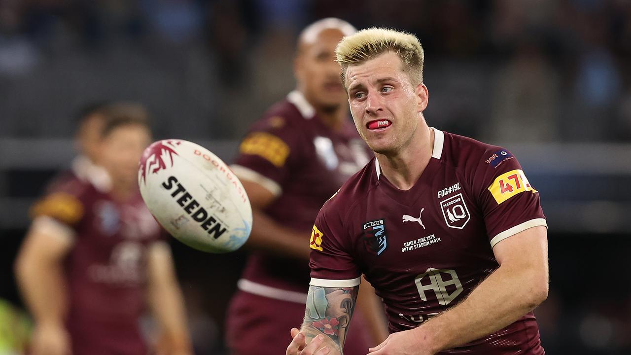 PERTH, AUSTRALIA - JUNE 26: Cameron Munster of the Maroons passes the ball during game two of the State of Origin series between New South Wales Blues and Queensland Maroons at Optus Stadium, on June 26, 2022, in Perth, Australia. (Photo by Paul Kane/Getty Images)