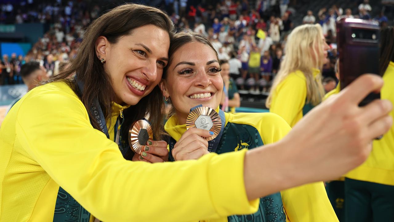 Bronze medalists Marianna Tolo and Cayla George of Team Australia pose for a photo during the Women's basketball medal ceremony at the 2024 Paris Olympics. (Photo by Gregory Shamus/Getty Images)