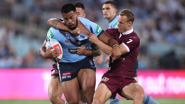 Payne Haas runs through the Maroons defence. Picture: Mark Kolbe/Getty Images