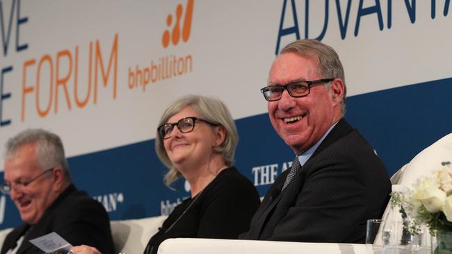 Journalist John Durie, Sam Mostyn and David Gonski at the forum. Picture: Hollie Adams