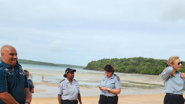 Rangers Frankie Cook and Trevor Nona return to Somerset Bay with senior QAS staff last week. Picture: NPARC