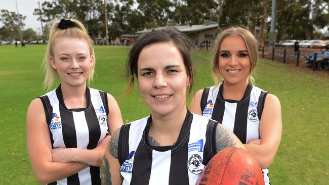 Salisbury women’s players Kyra Hickey, Kayla Anderson and Shantera Zeneli in 2018 at the team’s home ground. Picture: AAP/ Brenton Edwards