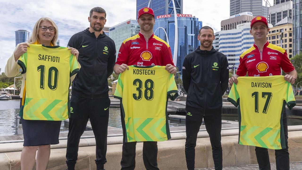 WA deputy premier Rita Saffioti Socceroos players Matt Ryan, Martin Boyle and Supercars drivers Brodie Kosteki and Will Davison.