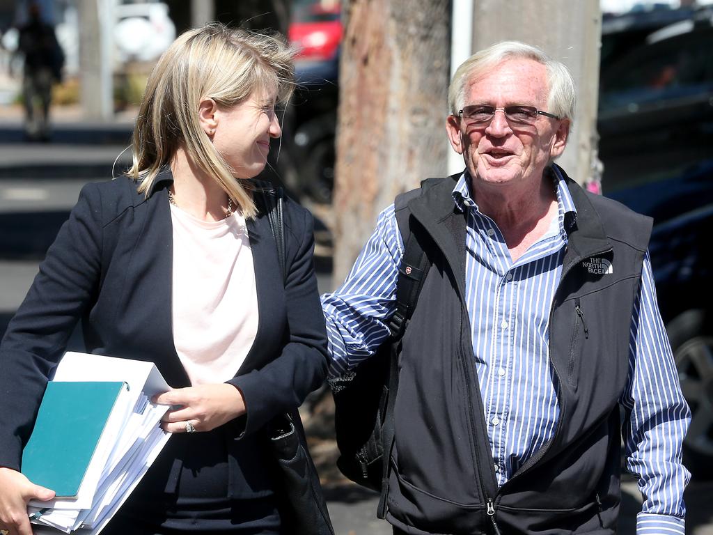 David McAuliffe leaves the Geelong Police Station with his lawyer Marion Isobel in 2019. Picture: Glenn Ferguson