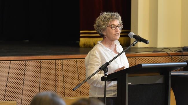 Dr Barbara Ryan talking at a community meeting regarding the development application over land in Mount Lofty for a housing estate by Defence Housing Australia, Thursday, January 24, 2019.