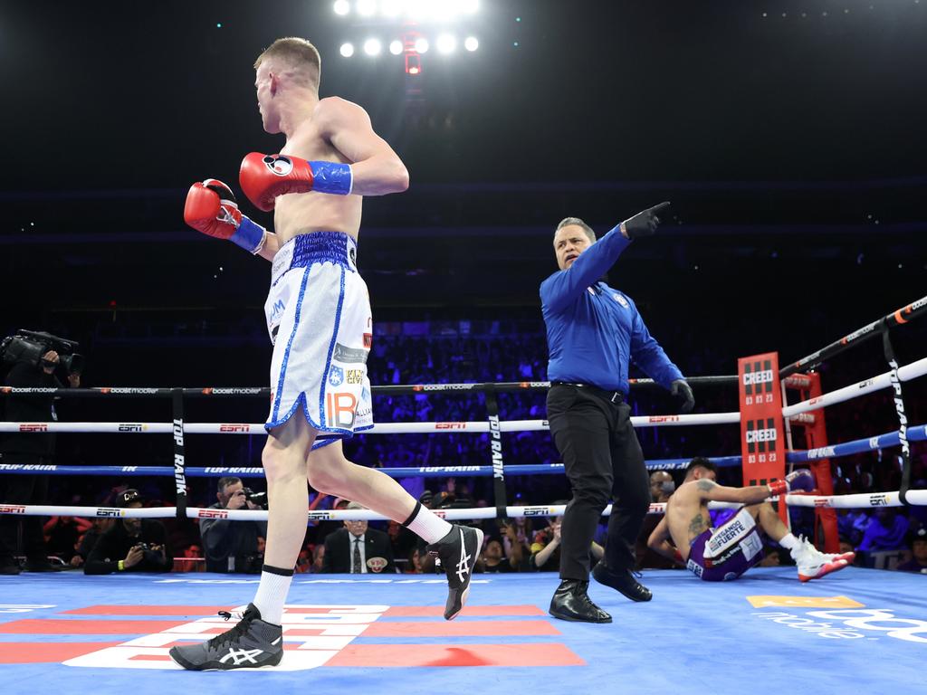 Liam Wilson knocks-down Emanuel Navarrete during their vacant WBO junior lightweight championship fight in February. Picture: Getty Images