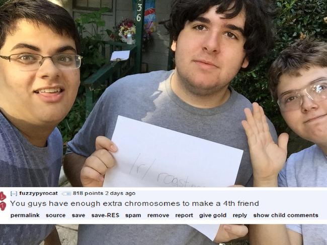 fuzzypyrocat wrote: ‘You guys have enough extra chromosomes to make a 4th friend.’ Picture: Reddit