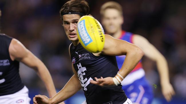 AFL Round 8.   09/05/2021. Western Bulldogs vs Carlton at Marvel Stadium, Melbourne.   Liam Stocker of the Blues during the 2nd qtr.   . Pic: Michael Klein