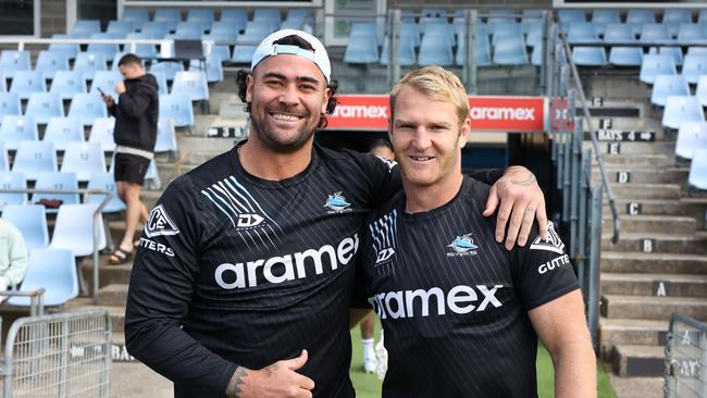 Retiring Cronulla Sharks NRL players Andrew Fifita (left) and Aiden Tolman.,