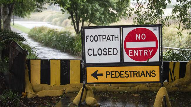 Victoria St side walk closed and sandbagged in preparation for rising creek levels as the aftermath of TC Alfred impacts Toowoomba, Sunday, March 9, 2025. Picture: Kevin Farmer