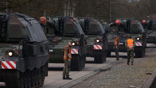 Soldiers of the Bundeswehr in Germany on February 14 prepare to send howitzers to Lithuania, where it leads a NATO Enhanced Forward Presence Battle Group, as the possibility of a Russian invasion of Ukraine looms. Picture: Sean Gallup/Getty Images