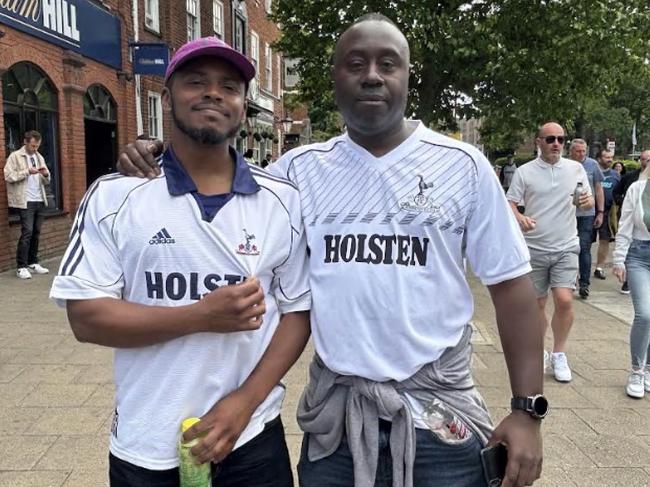 Tottenham supporters Kieran Falconer, 31, from Lancashire and Delroy Richard, 55, from London at the team's final English Premier League match of the season. Photo: Sophie Elsworth