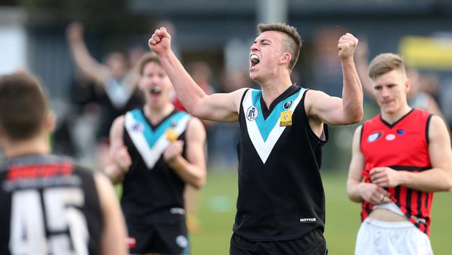 St Mary’s Jordan Galea reacts on the final siren. Picture: Hamish Blair.