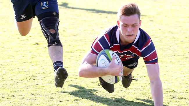 Hamish Roberts scores for TSS against Brisbane Grammar. Picture: Richard Gosling