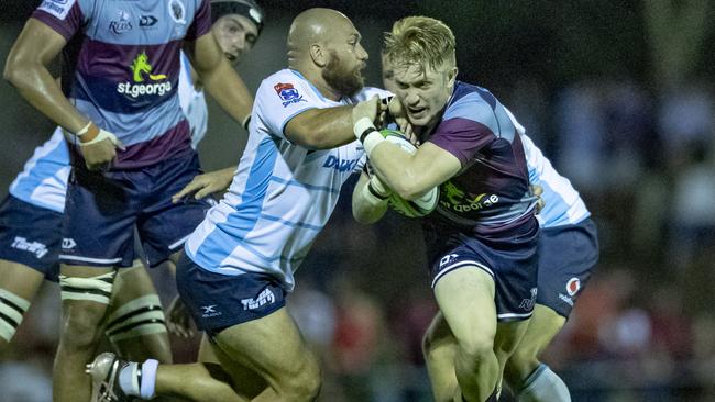 Isaac Lucas takes on the Waratahs defence in a Super Rugby trial in Dalby. Pictures QRU Media