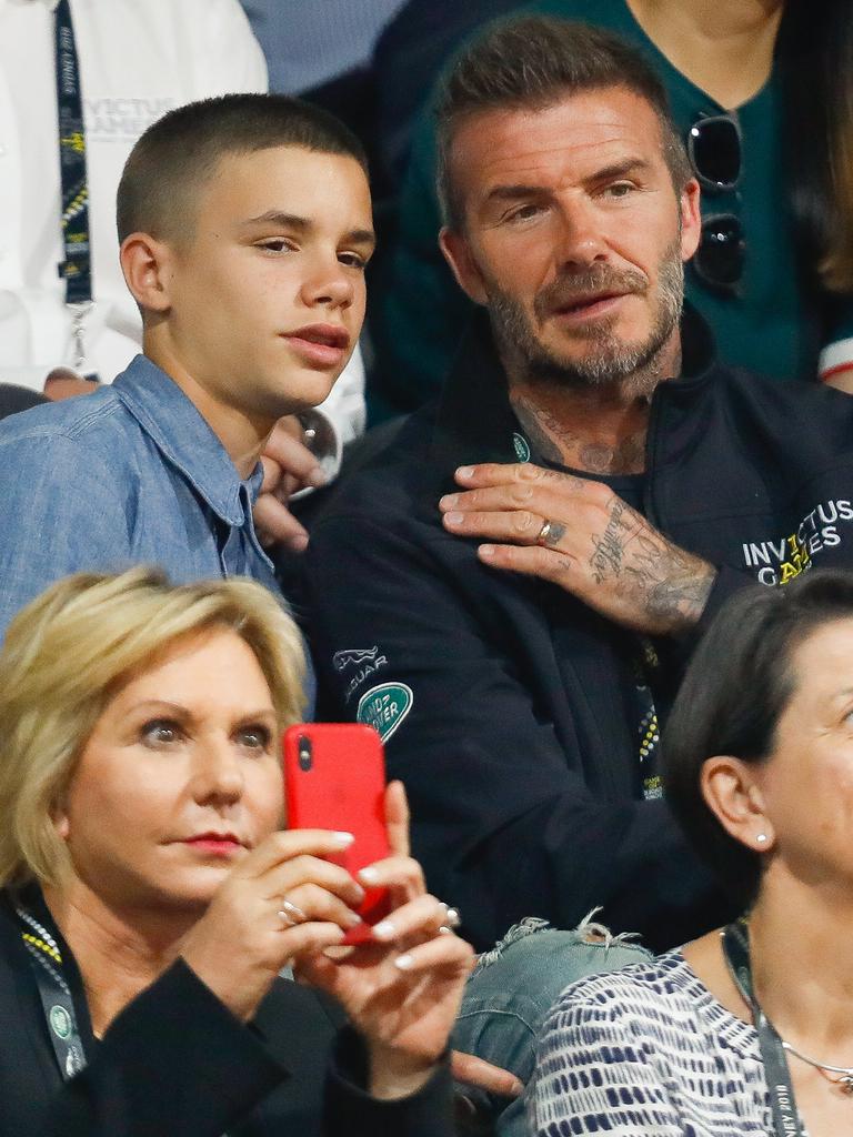 David Beckham and his son Romeo attended the Wheelchair basketball game in Sydney. Picture: Chris Jackson/Getty Images for the Invictus Games Foundation