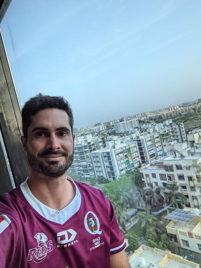 Ben Cutting takes a selfie in his Ahmedabad hotel room in quarantine.