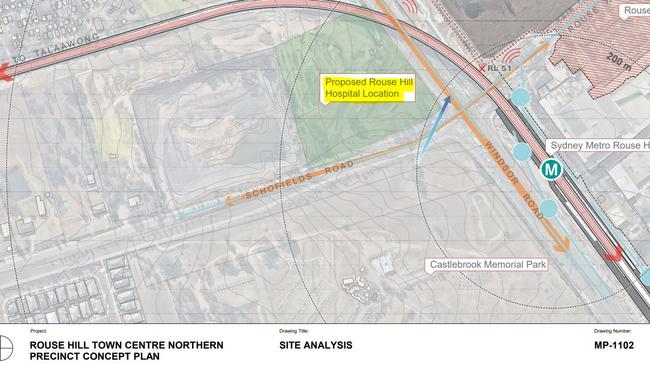 GPT Group’s concept plan dated 4 May 2021 showed the proposed hospital will be on the corner of Schofields Road and Windsor Road. Health Infrastructure NSW has now said this is incorrect.