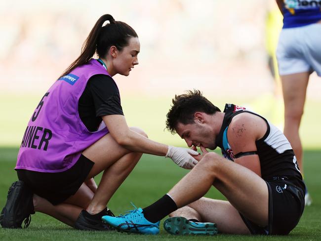 Jed McEntee was subbed out with concussion. (Photo by James Elsby/AFL Photos via Getty Images)