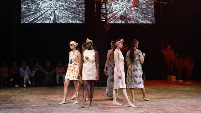 Models showcase the Woven Medicine collection by designer Felicity Chapman at the Cairns Indigenous Art Fair fashion performance, Woven, held at the Tanks Arts Centre, Edge Hill. Picture: Brendan Radke