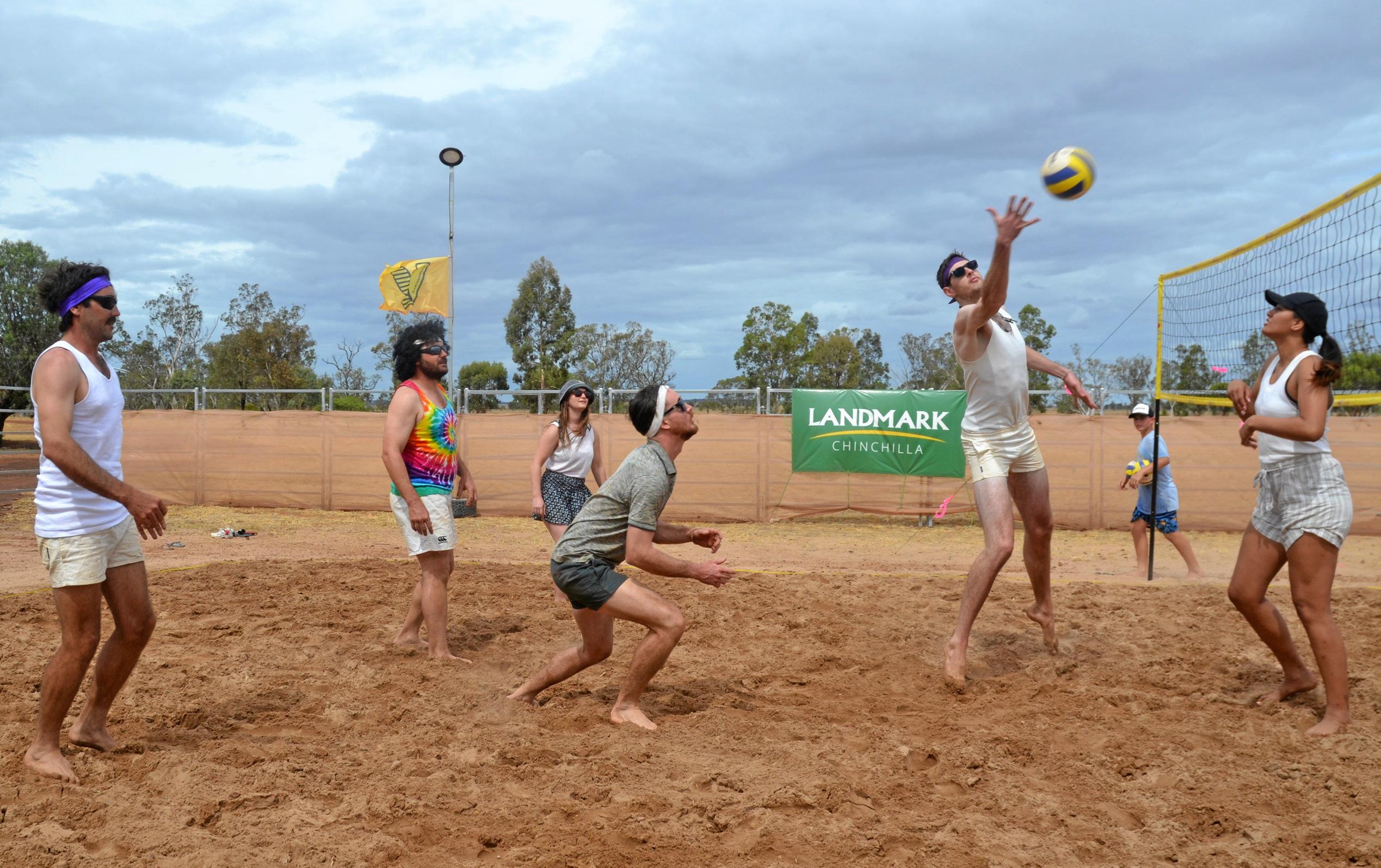 Mitchell Davis easily makes it over the net at the Dulacca Sports Club annual Bush Beach Volleyball tournament. Picture: Kate McCormack