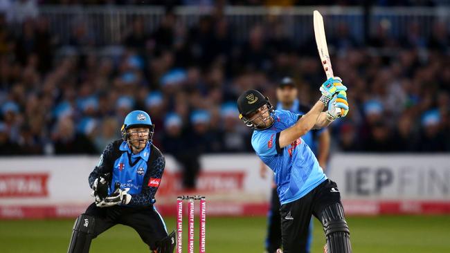 Sussex batsman Phil Salt hits out in the Vitality T20 Blast Quarter-Final match against Worcestershire Rapids at The 1st Central County Ground in Hove, England. Picture: Jordan Mansfield/Getty Images.