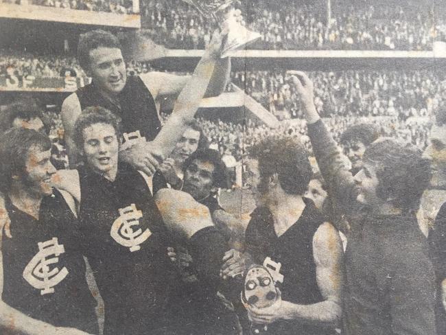 Macca, from Mount Waverley, celebrating with players after Carlton won the 1972 VFL Grand Final.