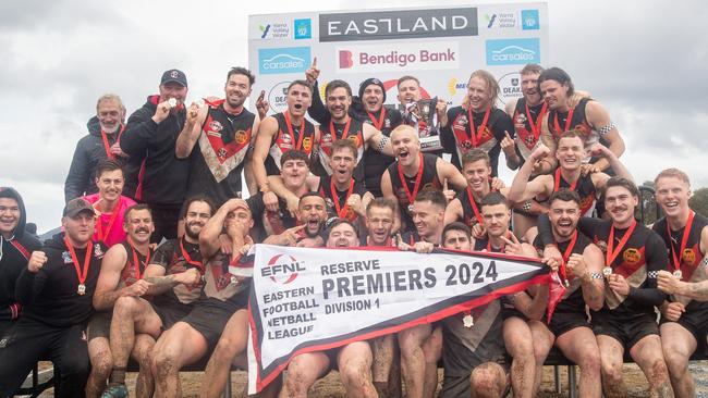 EFNL 2024: South Belgrave celebrates its Division 1 reserves flag. Picture: Field of View Photography