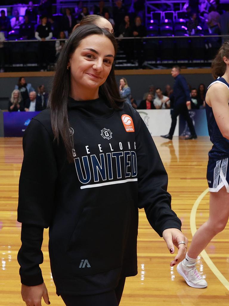 GEELONG, AUSTRALIA - OCTOBER 30: Monique Conti of Geelong United looks on during the round one WNBL match between Geelong United and Townsville Fire at The Geelong Arena, on October 30, 2024, in Geelong, Australia. (Photo by Kelly Defina/Getty Images)