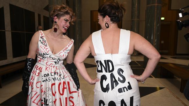 Claudia Perkins and Sarah Hanson-Young arriving at last year’s Midwinter Ball at Parliament House in Canberra. Picture: NCA NewsWire / Martin Ollman