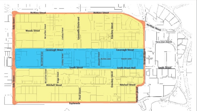 All coloured streets on the map, except Daly and McMinn streets and the highlighted section of Garamilla Boulevard, will be 40km/hr from November this year. Map: City of Darwin