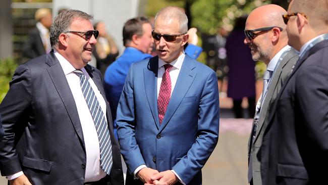 Michael Photios (left) with MP Paul Fletcher (centre) in the Bird Cage. Picture: Stuart McEvoy.