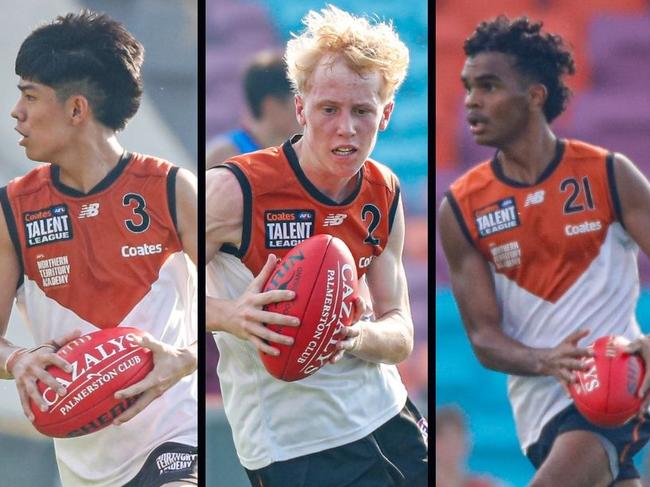 Hau-Tze Rock, Gus Trigwell and Adrian Scott were selected to represent the NT at the 2025 Coates Talent League. Picture: Celina Whan / AFLNT Media