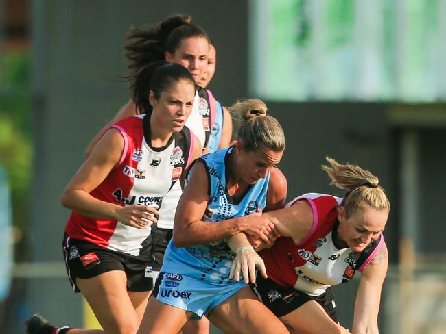 Buffettes captain Kylie Duggan has no shortage of motivation which will continue to drive her to set new heights in both the 2020-21 NTFL season, and also at the Jets in the DBA Women’s Championship. Picture: GLENN CAMPBELL