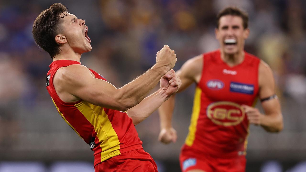 Ben Ainsworth celebrates a goal during the Suns’ season-opening victory over West Coast. Picture: Getty Images