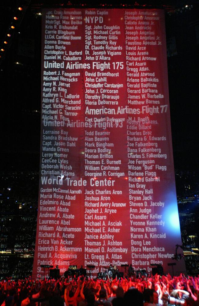 The band displayed a sign with names of the victims in the September 11 terror attacks. Picture: Jed Jacobsohn/Getty Images