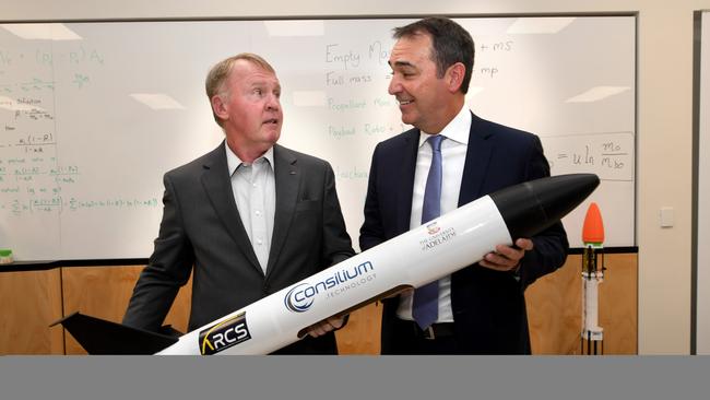 Astronaut Andy Thomas and Premier Steven Marshall at Adelaide University. Picture: Tricia Watkinson