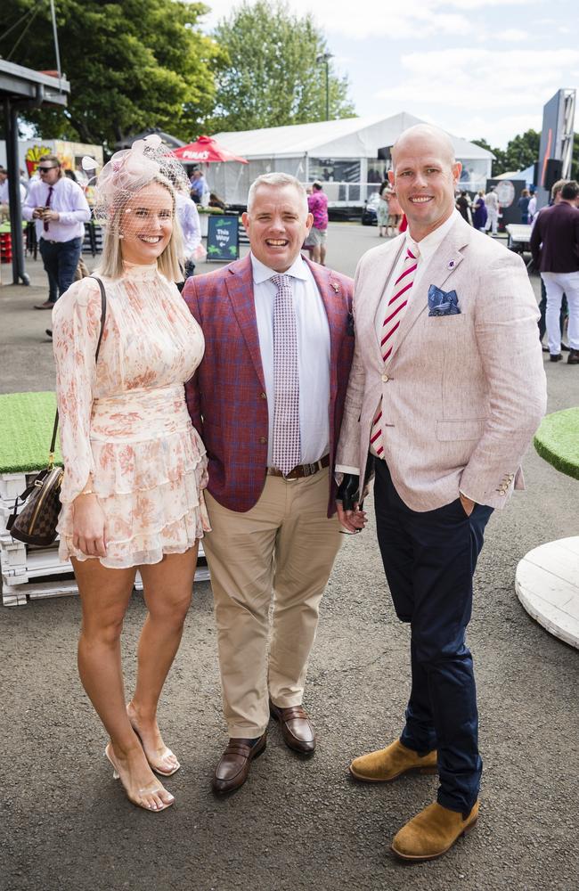 At 2023 Audi Centre Toowoomba Weetwood race day are (from left) Chloe Head, Robbie Hawkswell and Kenric Head. Picture: Kevin Farmer