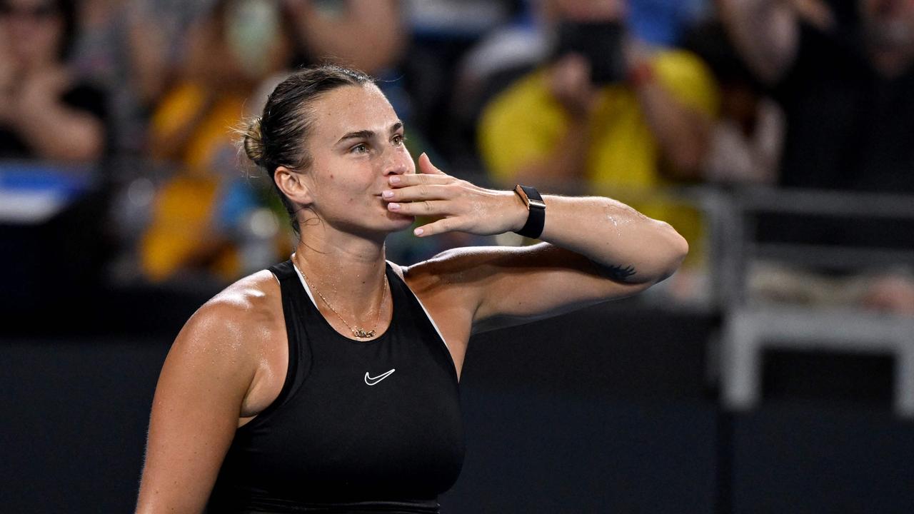 Aryna Sabalenka of Belarus celebrates after her women's singles match against Daria Kasatkina of Russia at the Brisbane International. Picture: William West.