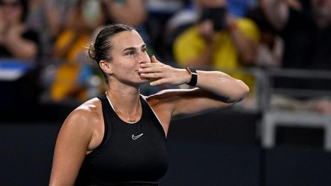 Aryna Sabalenka of Belarus celebrates after her women's singles match against Daria Kasatkina of Russia at the Brisbane International. Picture: William West.