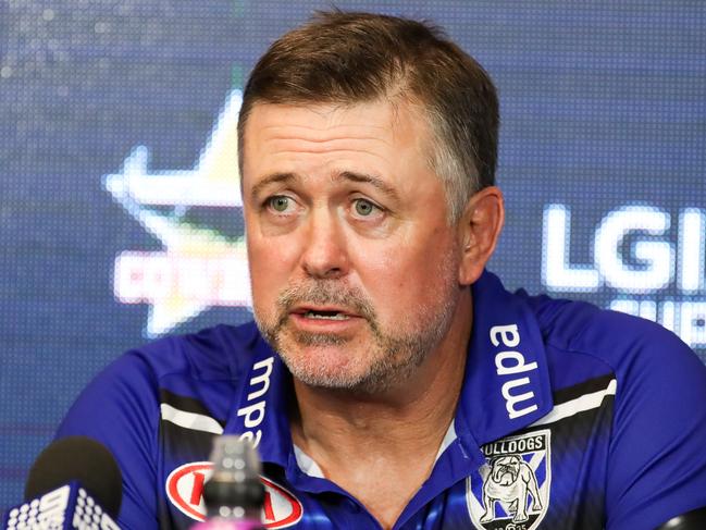 Dean Pay, Coach of the Bulldogs at the post game media conference after the Round 6 NRL match between the North Queensland Cowboys and the Canterbury-Bankstown Bulldogs at 1300SMILES Stadium in Townsville, Saturday, April 14, 2018. (AAP Image/Michael Chambers) NO ARCHIVING, EDITORIAL USE ONLY