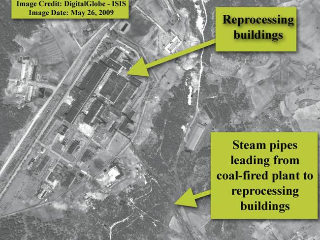 This satellite image taken on May 26, 2009 by Digitalglobe shows a wide area view illustrating the “location of the reprocessing buildings, the coal-fired steam generation plant, and the pipes connecting the two compounds” at Yongbyon. Picture” AFP