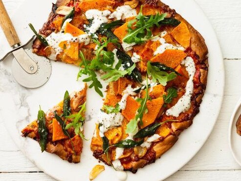 Roasted garlic pumpkin, sage and ricotta spelt pizza.