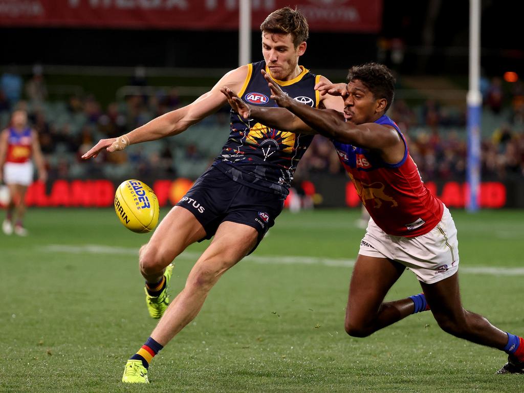 Keidean Coleman (right) battles with Adelaide’s Paul Seedsman. Picture: James Elsby/AFL Photos via Getty Images