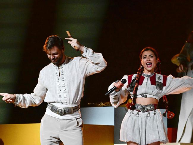 Armenian vocalist Jaklin Baghdasaryan and French multi-instrumentalist Louis Thomas representing Armenia. Picture: AFP